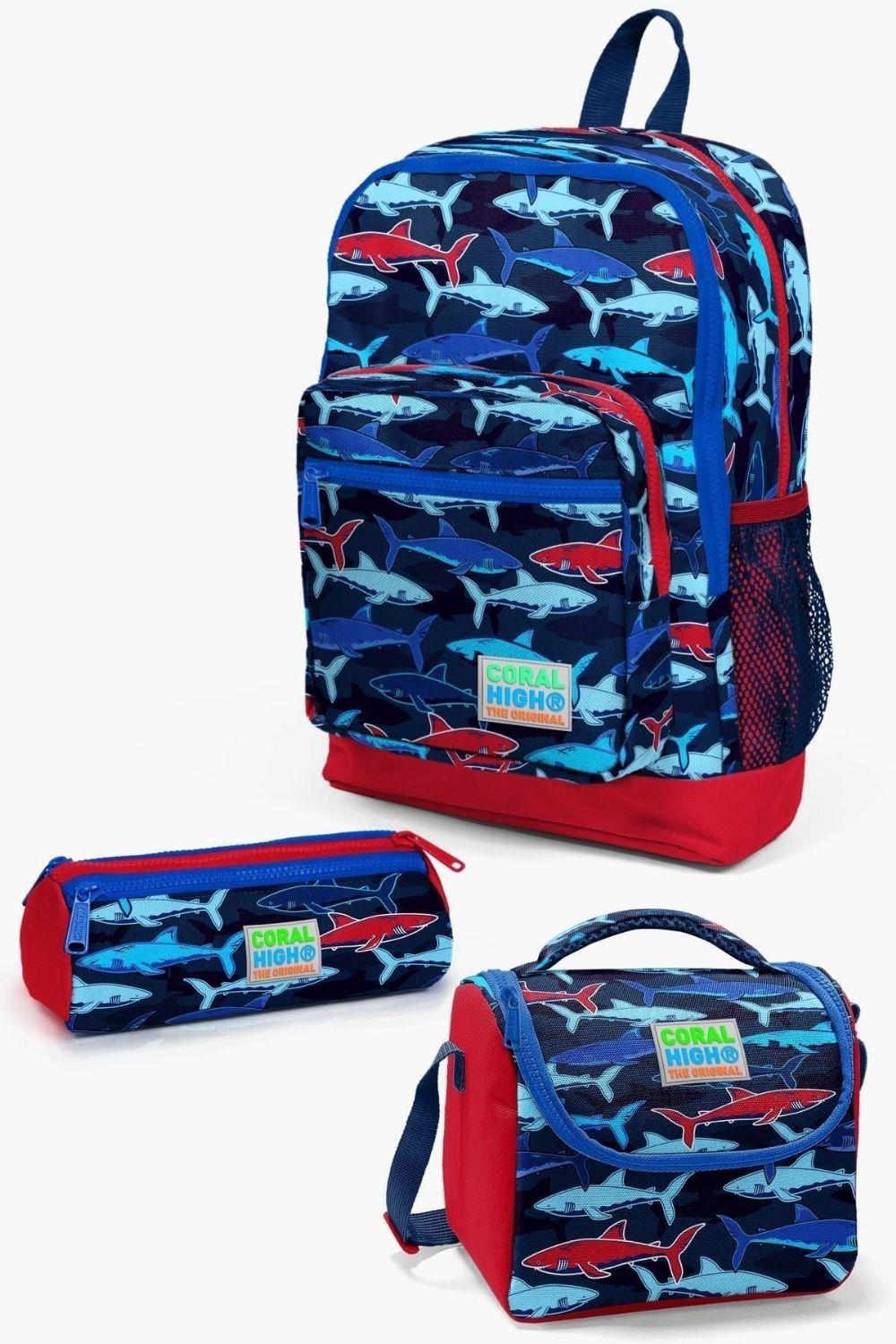 Coral High Kids Lacivert Kırmızı Köpek Balığı Desenli 3lü Okul Çanta Seti - Erkek Çocuk