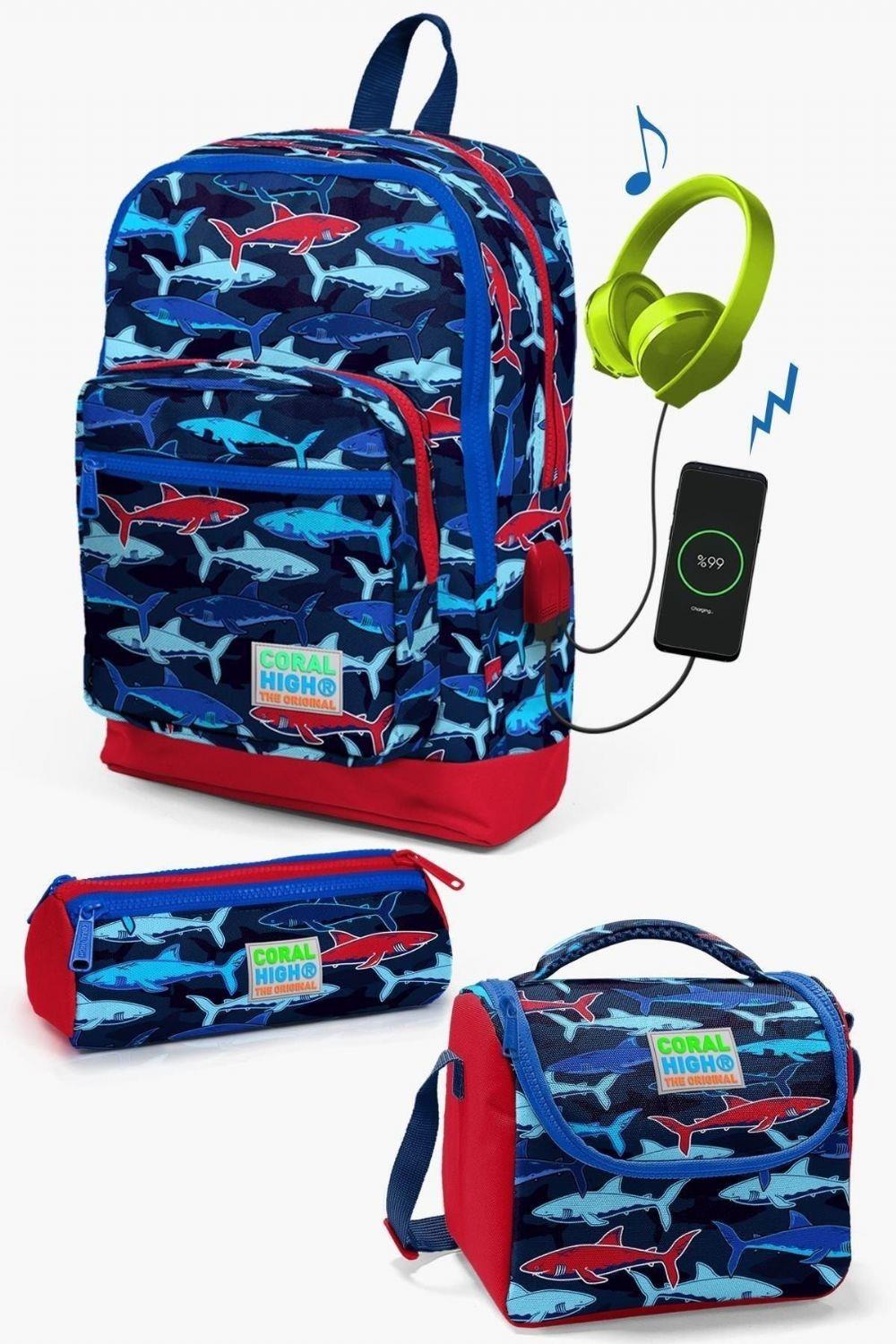 Coral High Kids Lacivert Kırmızı Köpek Balığı Desenli USB'li 3lü Okul Çanta Seti - Erkek