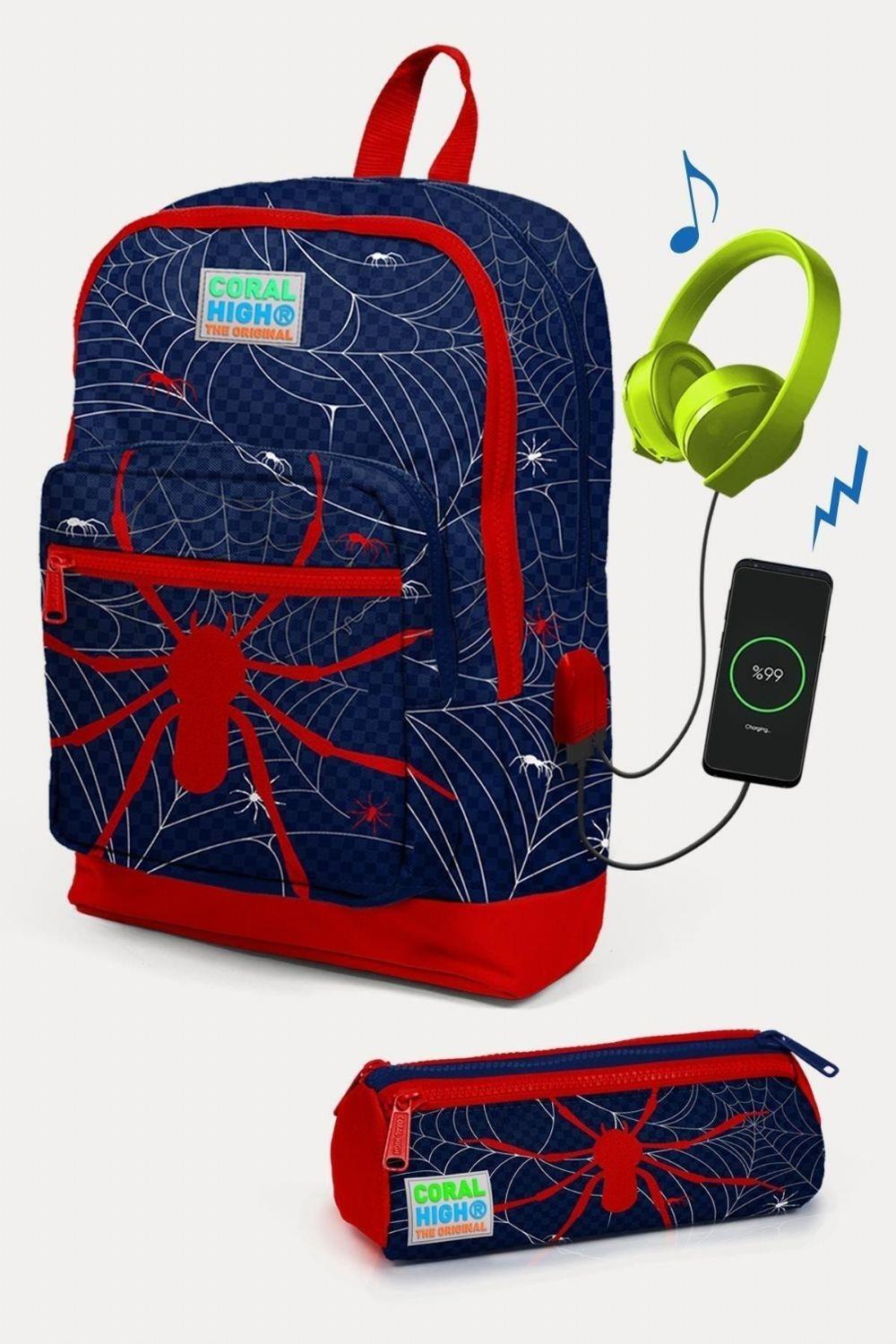 Coral High Kids Lacivert Kırmızı Örümcek Desenli USB'li 2'li Erkek Çocuk Okul Çanta Seti
