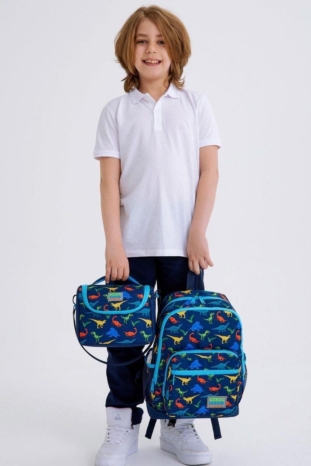 Coral High Kids Lacivert Mavi Dinazor Desenli 3lü Okul Çanta Seti - Erkek Çocuk