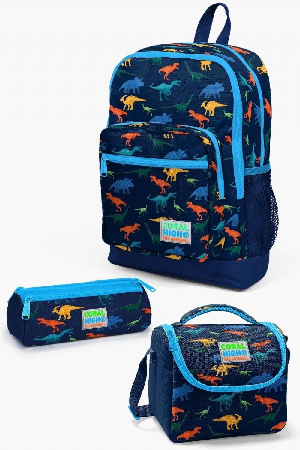Coral High Kids Lacivert Mavi Dinazor Desenli 3lü Okul Çanta Seti - Erkek Çocuk