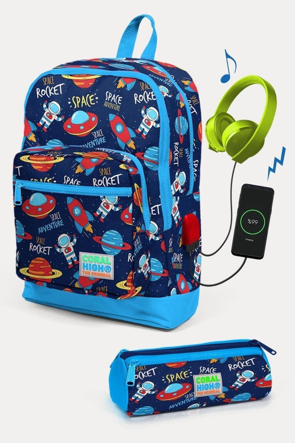 Coral High Kids Lacivert Mavi Uzay Desenli USB'li 2'li Okul Çanta Seti - Erkek Çocuk