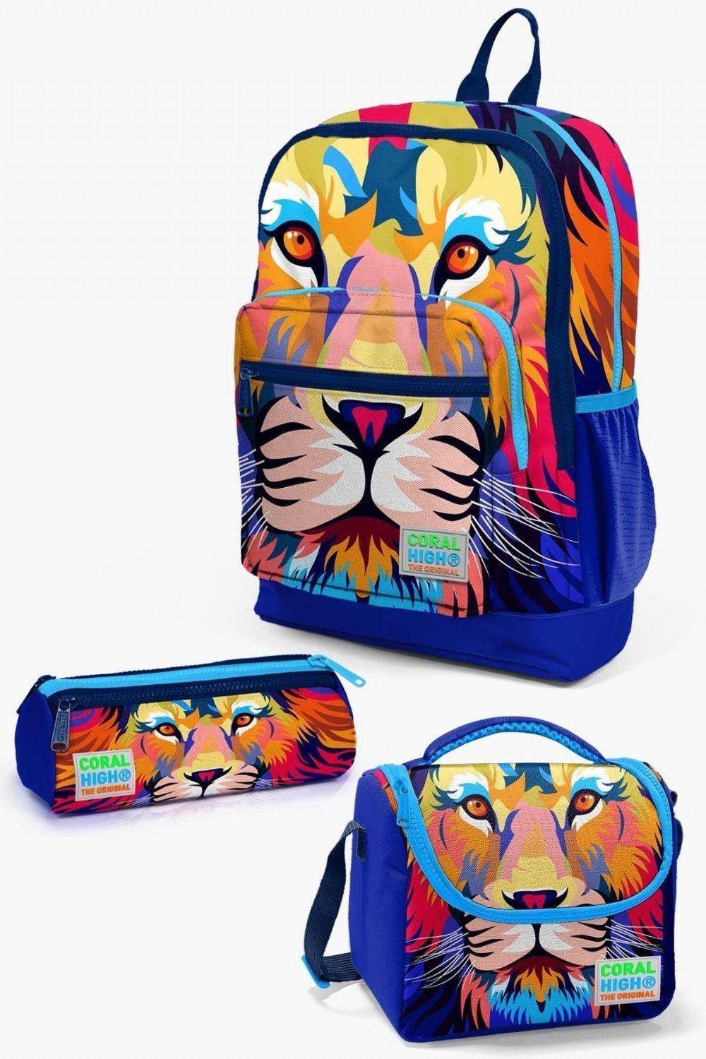 Coral High Kids Lacivert Saks Aslan Desenli 3lü Okul Çanta Seti - Erkek