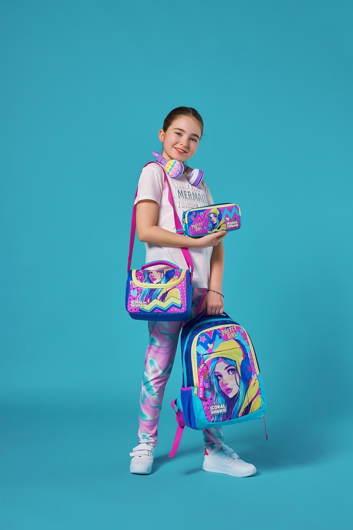 Coral High Kids Lavanta Turkuaz Kulaklı Kız Desenli 3lü Okul Çanta Seti SET0123661