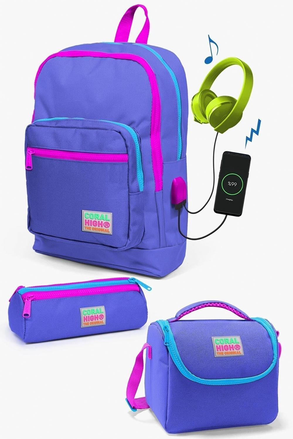 Coral High Kids Lavanta USB'li 3lü Okul Çanta Seti - Kız Çocuk İlkokul Çanta Takımı