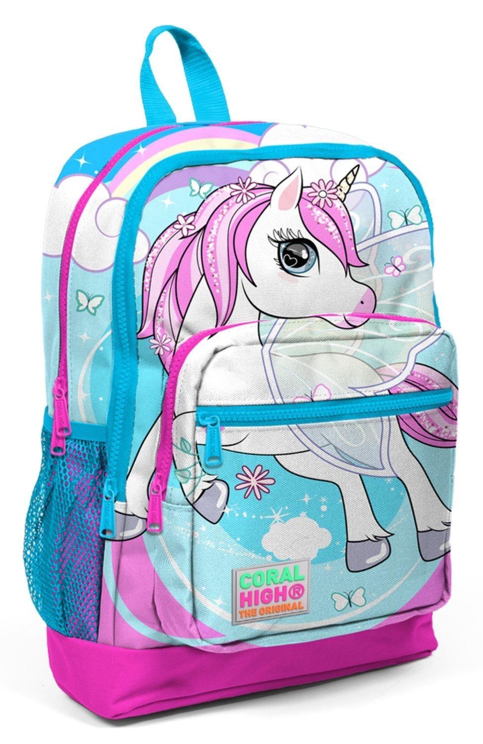 Coral High Kids Mavi Neon Pembe Unicorn Desenli 3lü Okul Çanta Seti - Kız Çocuk