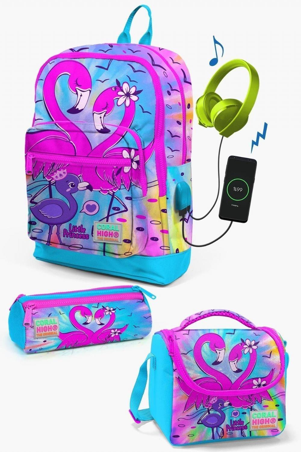 Coral High Kids Mavi Pembe Flamingo Desenli USB'li 3lü Okul Çanta Seti - Kız Çocuk