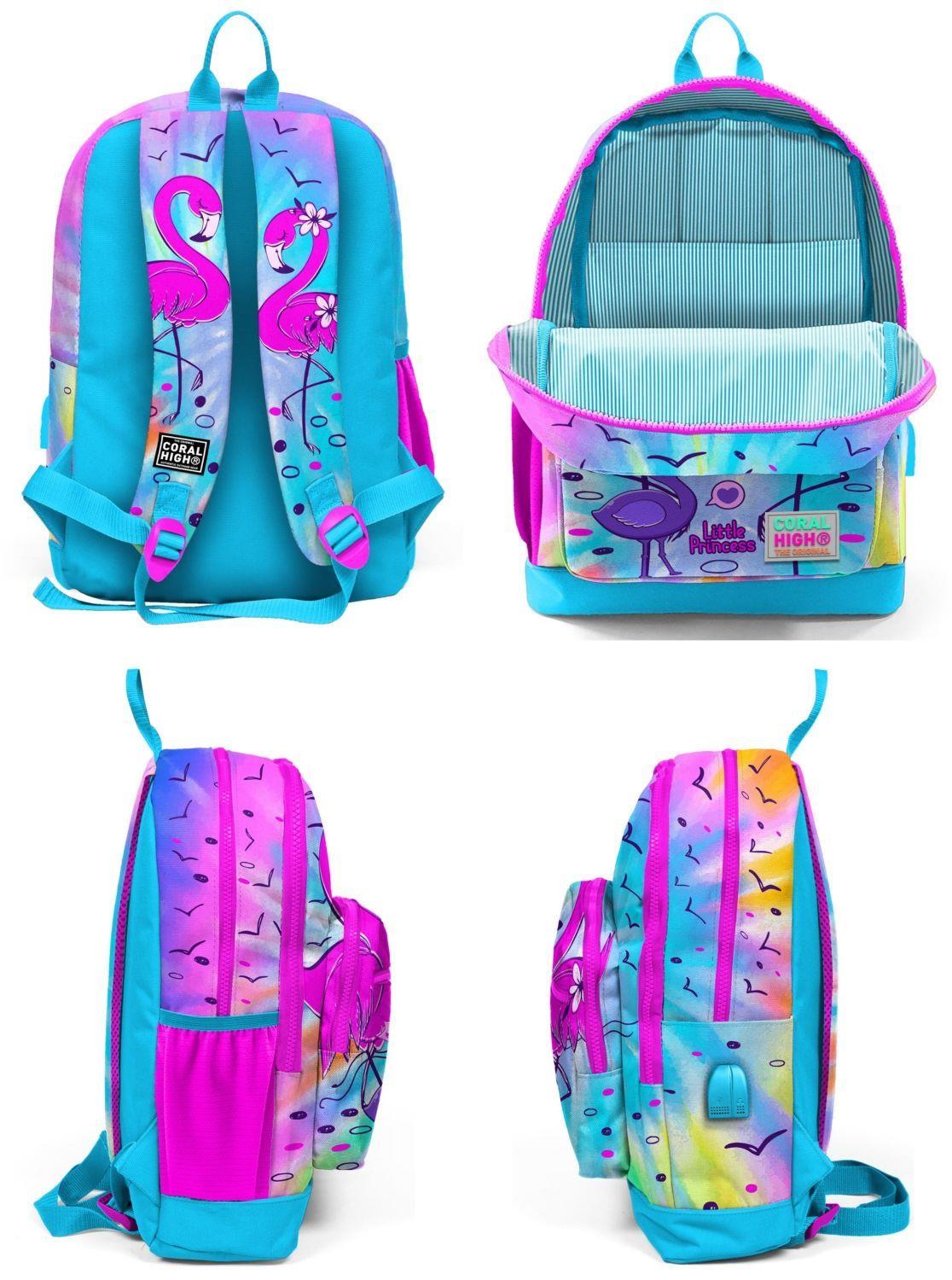 Coral High Kids Mavi Pembe Flamingo Desenli USB'li 3lü Okul Çanta Seti - Kız Çocuk
