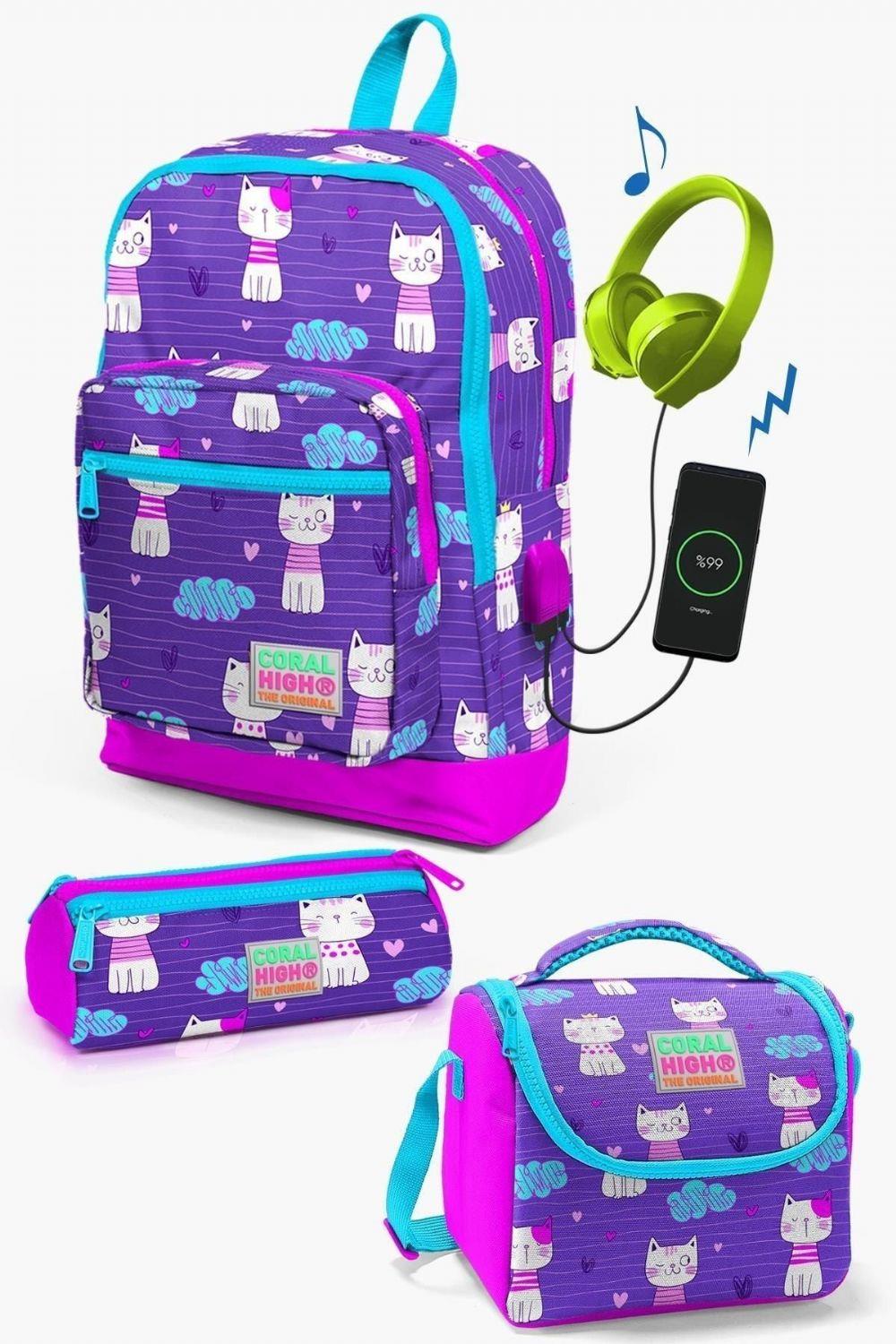 Coral High Kids Mor Mavi Pembe Kalp Desenli USB'li 3lü Okul Çanta Seti - Kız
