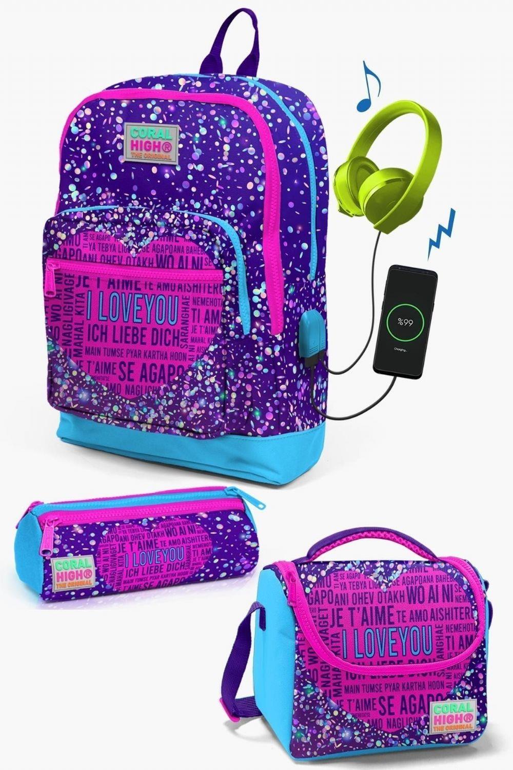 Coral High Kids Mor Mavi Pembe Kalp Desenli USB'li 3lü Okul Çanta Seti - Kız