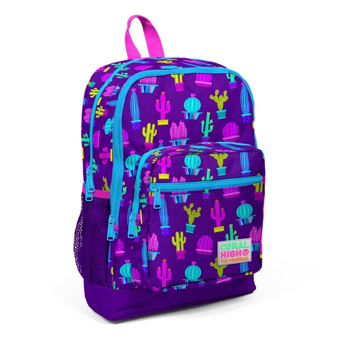 Coral High Kids Mor Pembe Kaktüs Desenli 3lü Okul Çanta Seti