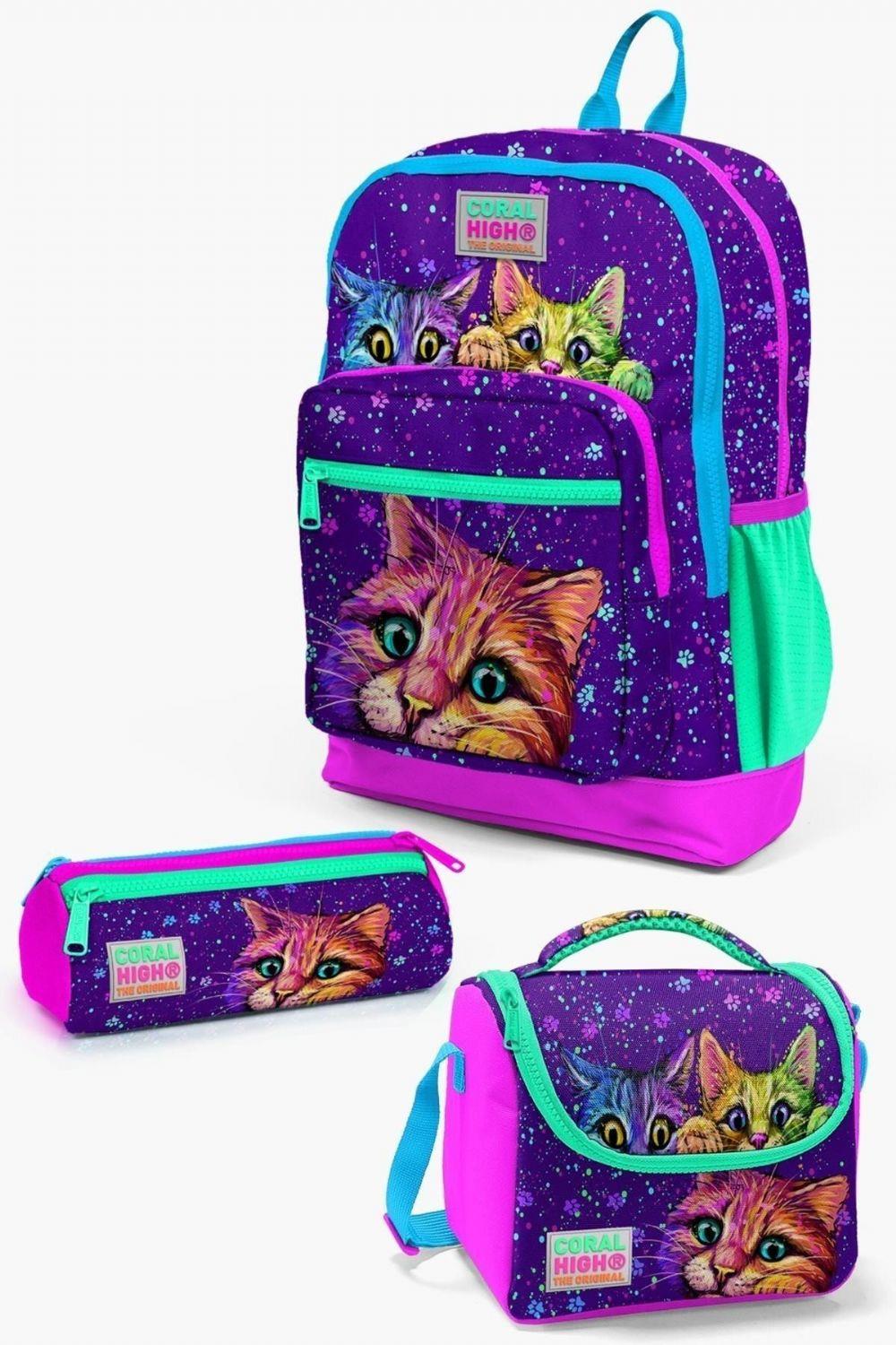 Coral High Kids Mor Pembe Kedi Desenli 3lü Okul Çanta Seti
