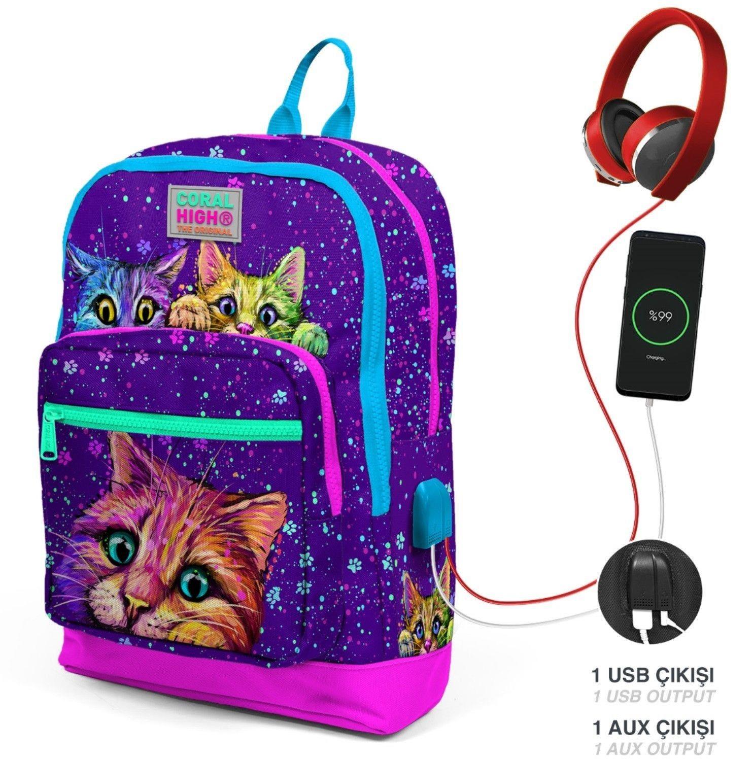 Coral High Kids Mor Pembe Kedi Desenli USB'li 3lü Okul Çanta Seti - Kız Çocuk