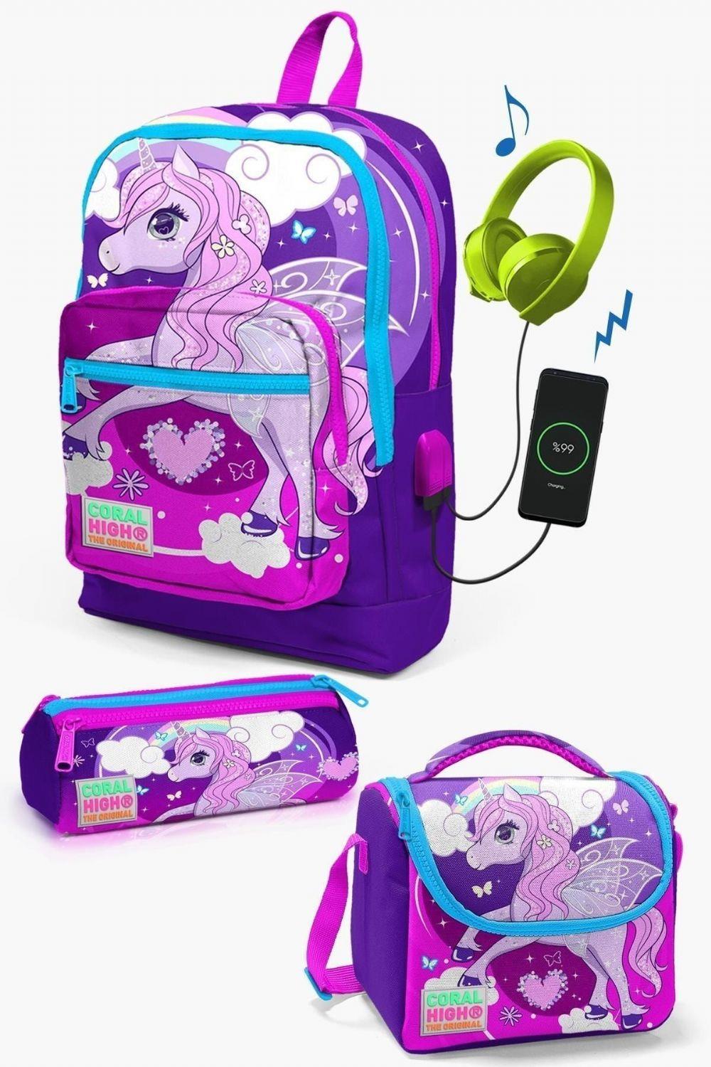 Coral High Kids Mor Pembe Unicorn Desenli USB'li 3lü Okul Çanta Seti - Kız
