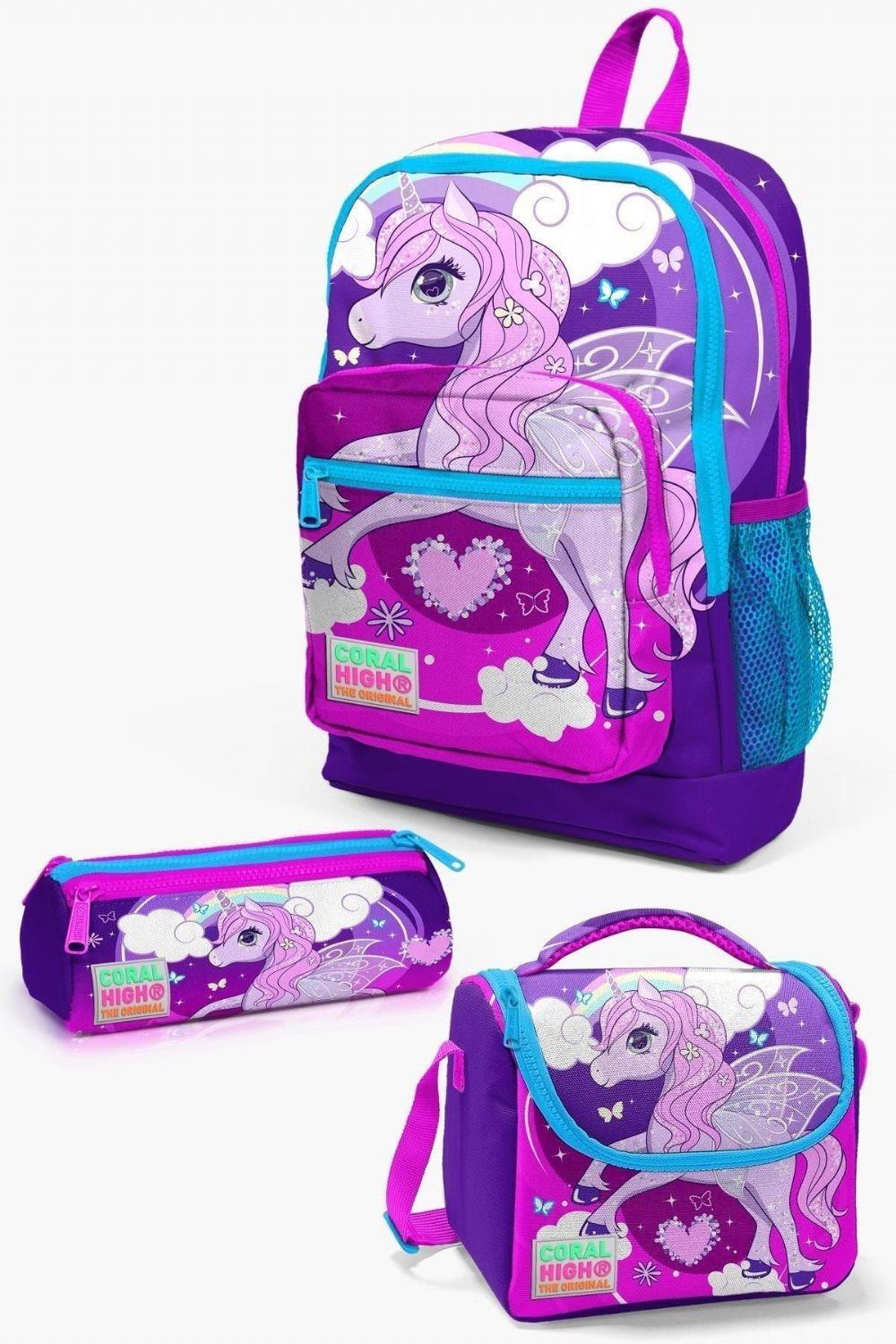 Coral High Kids Mor Pembe Unicorn Desenli 3lü Okul Çanta Seti - Kız