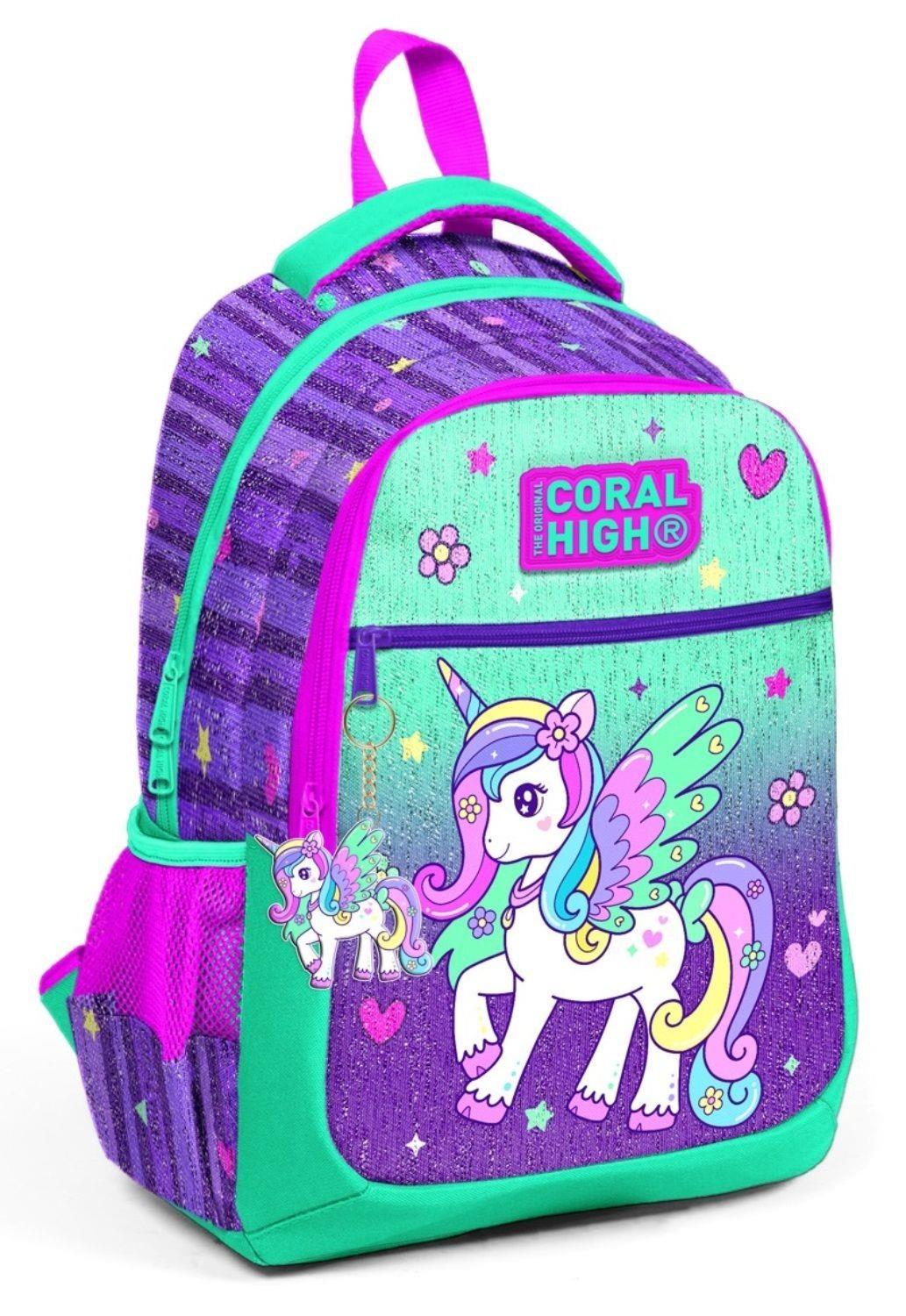 Coral High Kids Mor Su Yeşili Unicorn Desenli 3lü Okul Çanta Seti - Kız