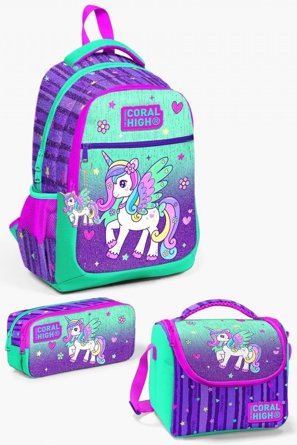 Coral High Kids Mor Su Yeşili Unicorn Desenli 3lü Okul Çanta Seti - Kız