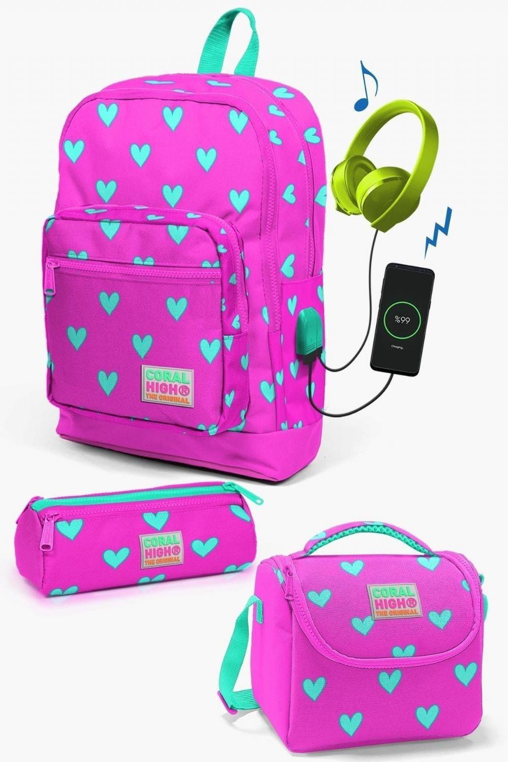 Coral High Kids Neon Pembe Su Yeşili Kalp Desenli USB'li 3lü Okul Çanta Seti - Kız Çocuk