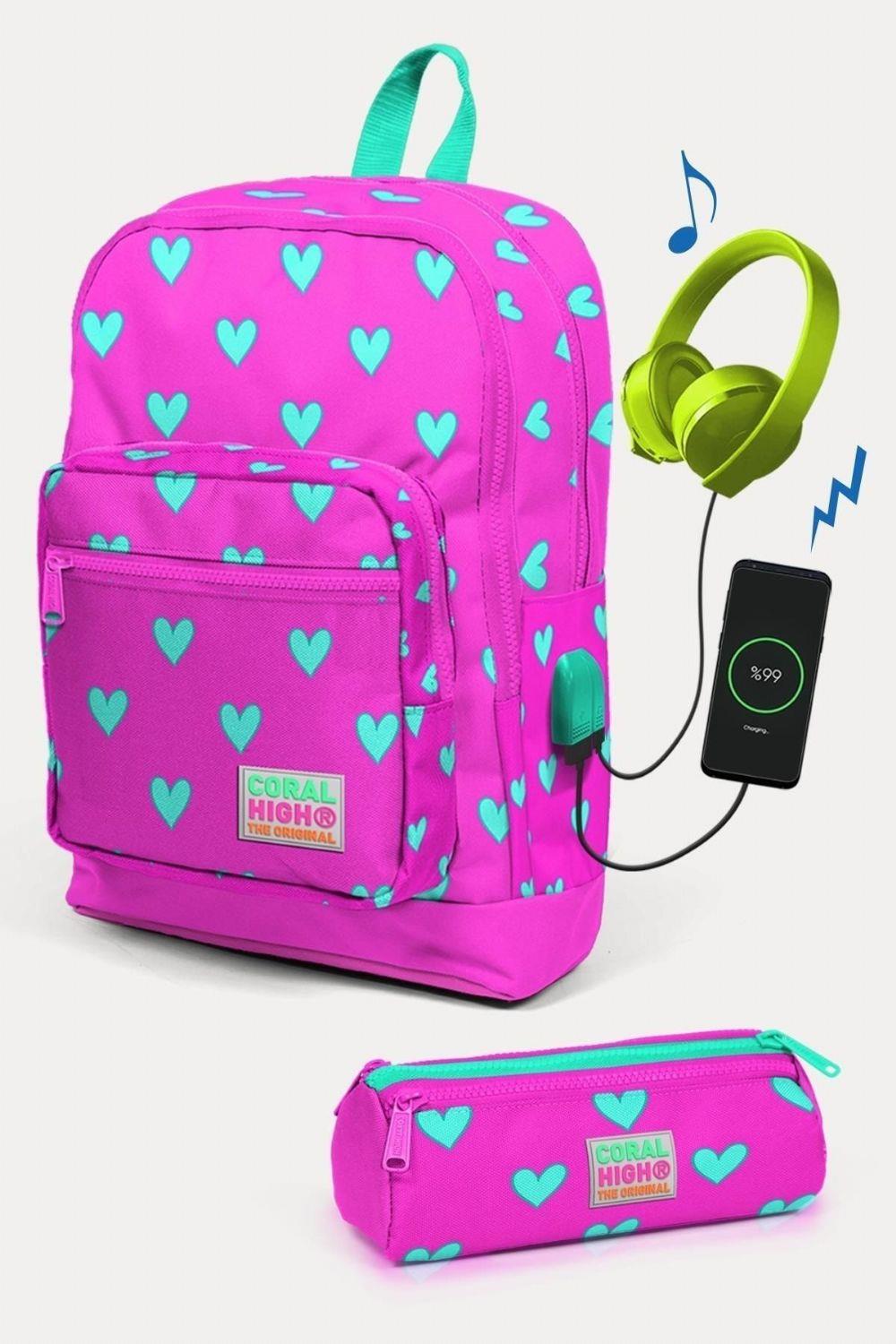 Coral High Kids Neon Pembe Su Yeşili Kalp Desenli USB'li 2'li Okul Çanta Seti - Kız Çocuk