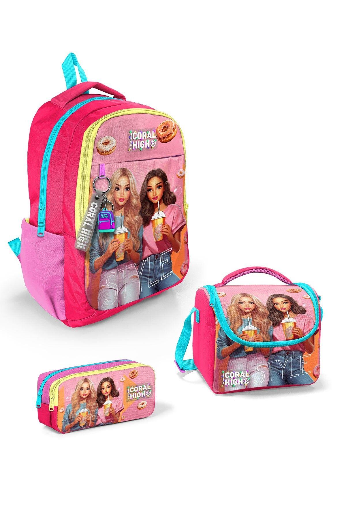 Coral High Kids Pembe Neon Mercan Fashion Girl Desenli 3'lü Okul Çanta Seti SET0123669 - Kız