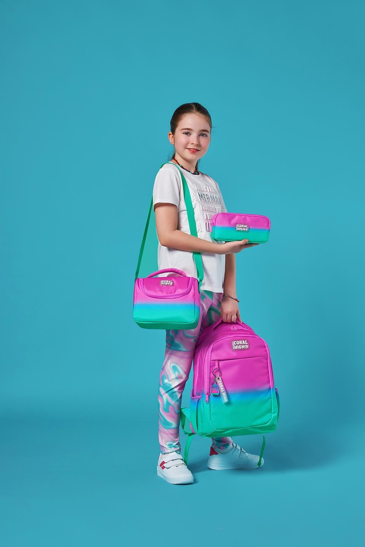Coral High Kids Pembe Su Yeşili Renk Geçişli 3lü Okul Çanta Seti SET0123664