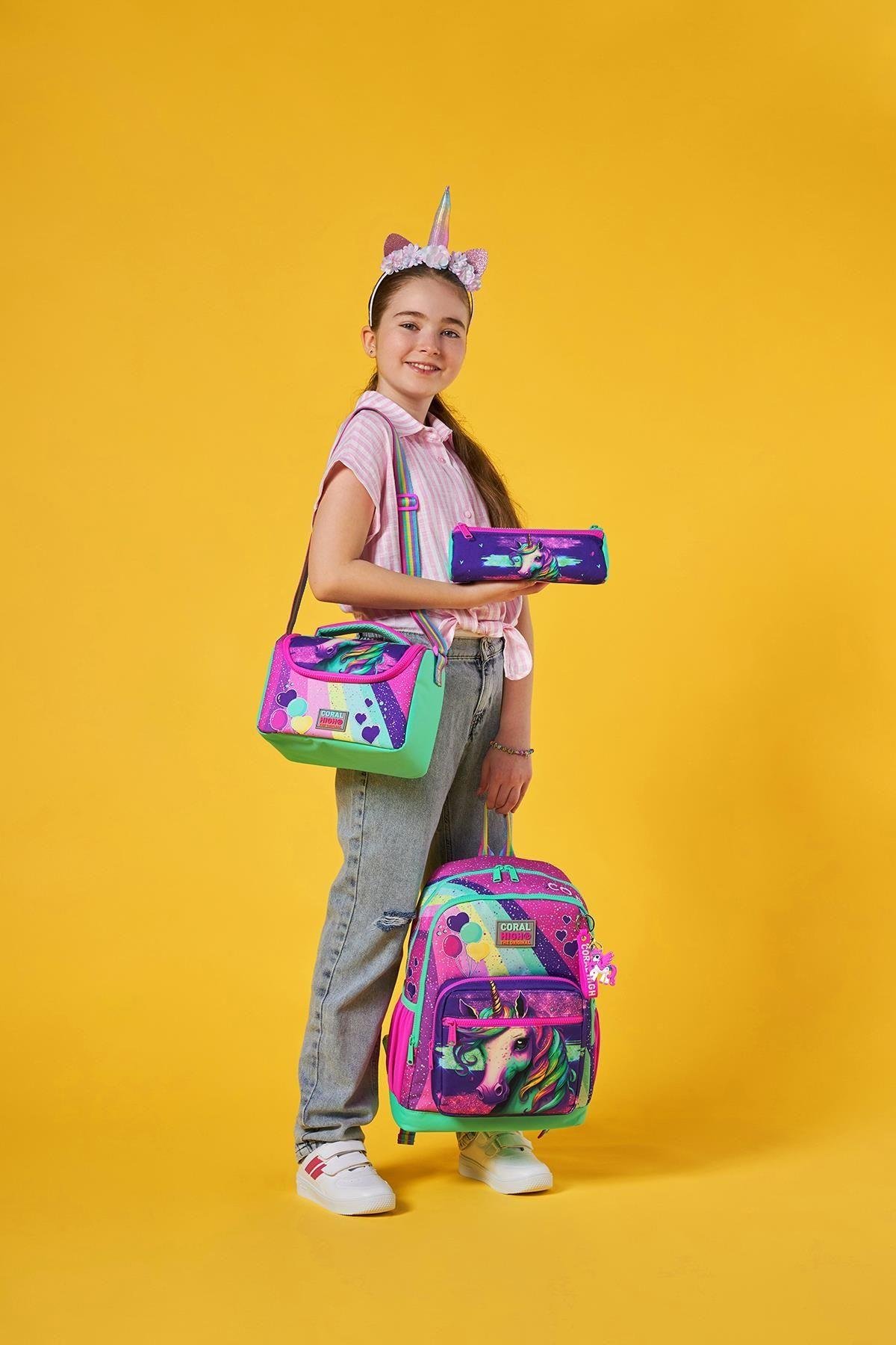 Coral High Kids Pembe Su Yeşili Unicorn Desenli 3lü Okul Çanta Seti SET0123758