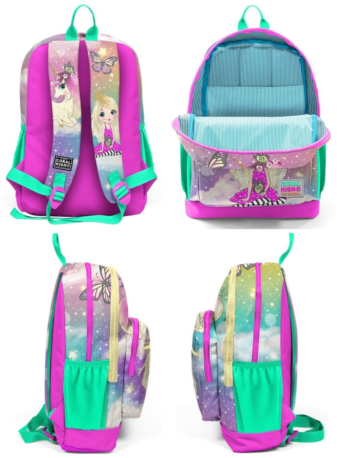 Coral High Kids Pembe Su Yeşili Unicornlu Kız Desenli 3lü Okul Çanta Seti - Kız Çocuk