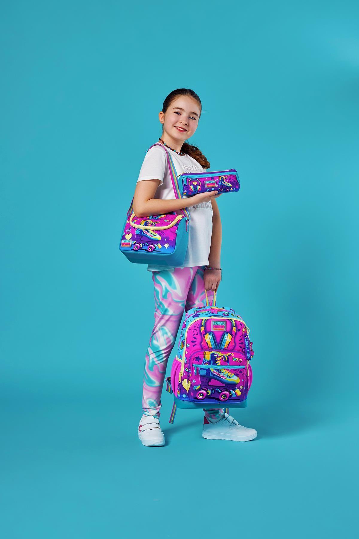 Coral High Kids Pembe Turkuaz Kulaklık Paten Desenli 3lü Okul Çanta Seti SET0123754