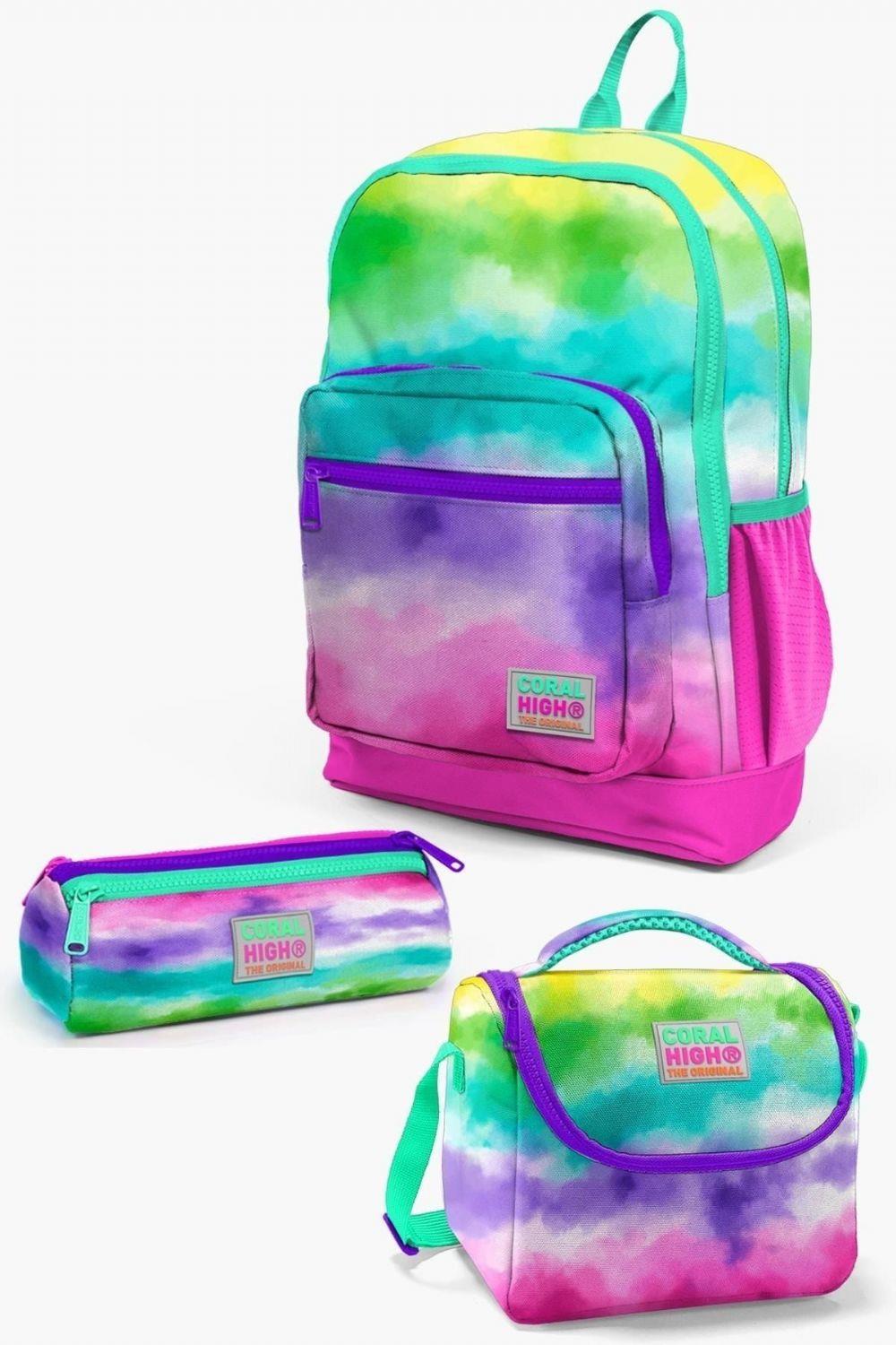 Coral High Kids Renkli Batik Desenli 3lü Okul Çanta Seti - Kız