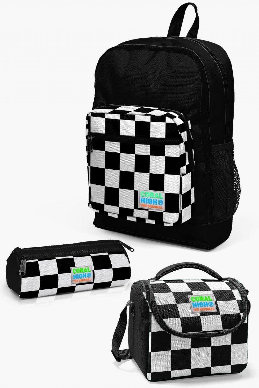 Coral High Kids Siyah Dama Desenli 3lü Okul Çanta Seti - Kız ve Erkek Çocuk