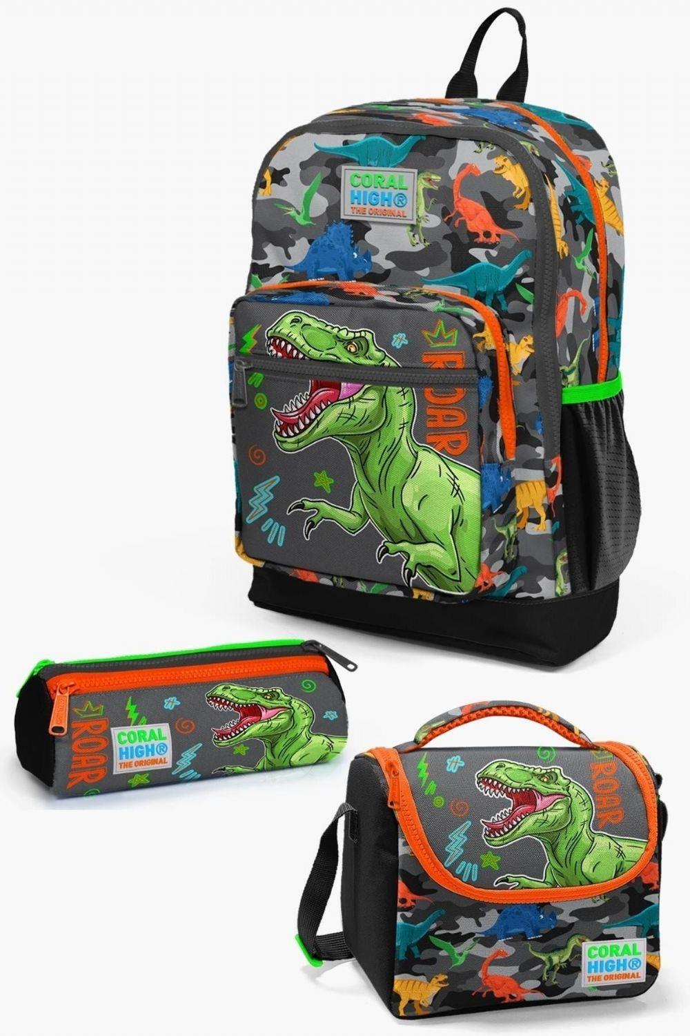Coral High Kids Siyah Gri Dinozor Desenli 3lü Okul Çanta Seti - Erkek Çocuk İlkokul