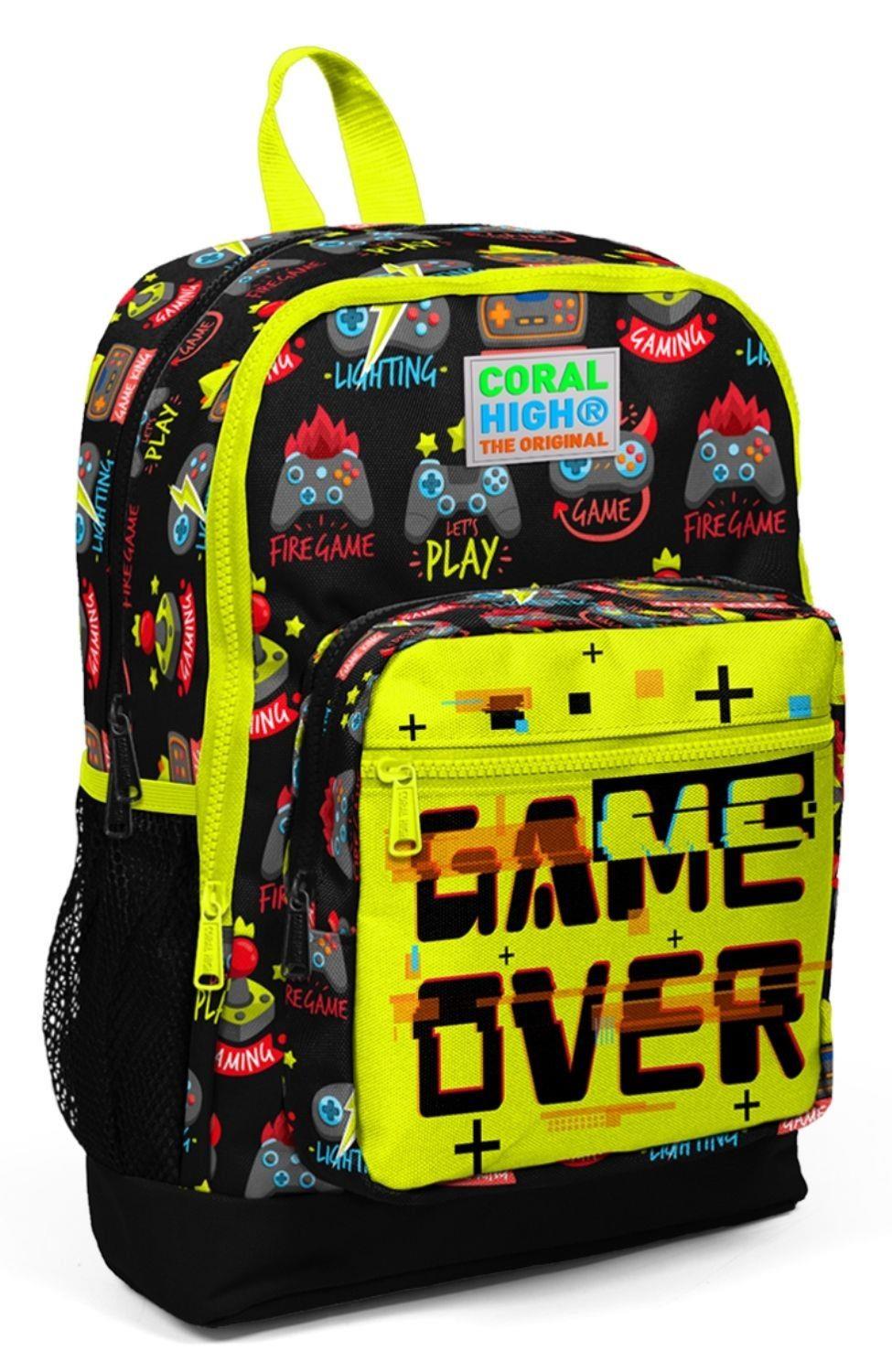 Coral High Kids Siyah Neon Sarı Game Over Desenli 3lü Erkek Çocuk İlkokul Çantası Takımı