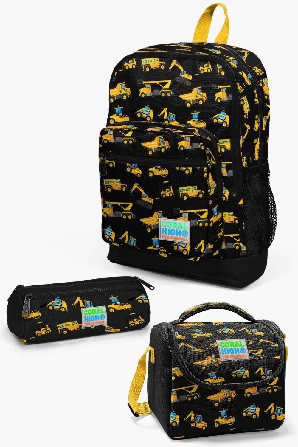 Coral High Kids Siyah Sarı İş Makinesi Desenli 3lü Okul Çanta Seti - Erkek Çocuk
