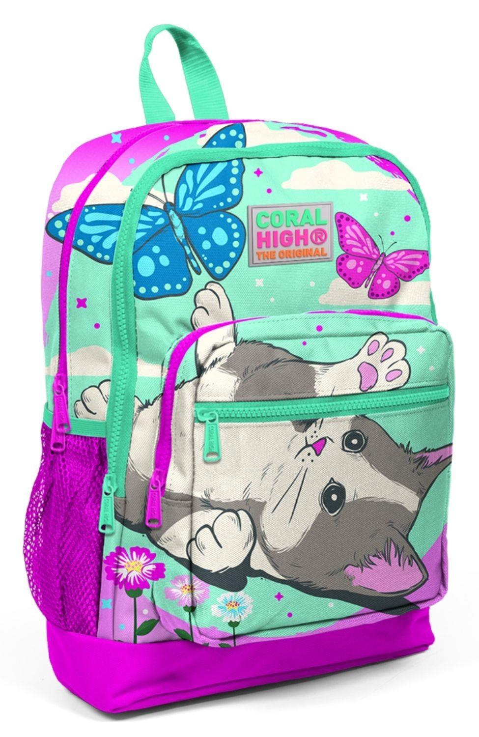 Coral High Kids Su Yeşili Pembe Kedi Desenli 3lü Okul Çanta Seti - Kız