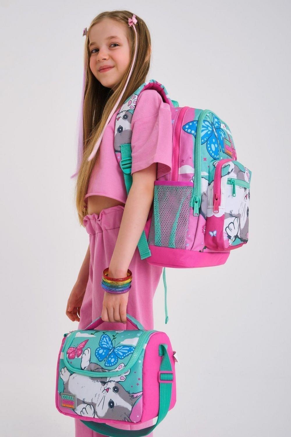 Coral High Kids Su Yeşili Pembe Kedi Desenli 3lü Okul Çanta Seti - Kız