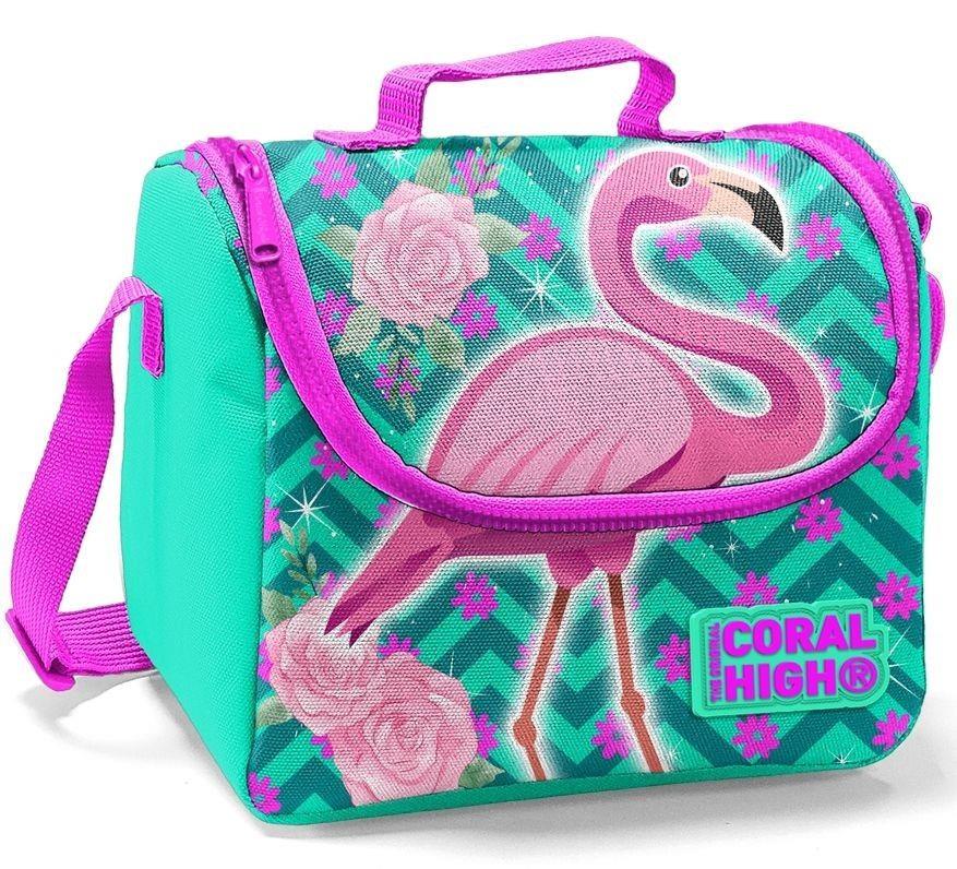 Coral High Kids Su Yeşili Pembe Simli Flamingo Desenli 3lü Okul Çanta Seti - Kız Çocuk