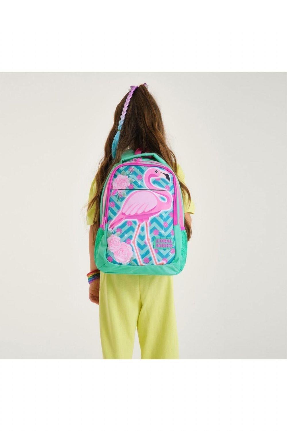 Coral High Kids Su Yeşili Pembe Simli Flamingo Desenli 2'li Okul Çanta Seti - Kız Çocuk