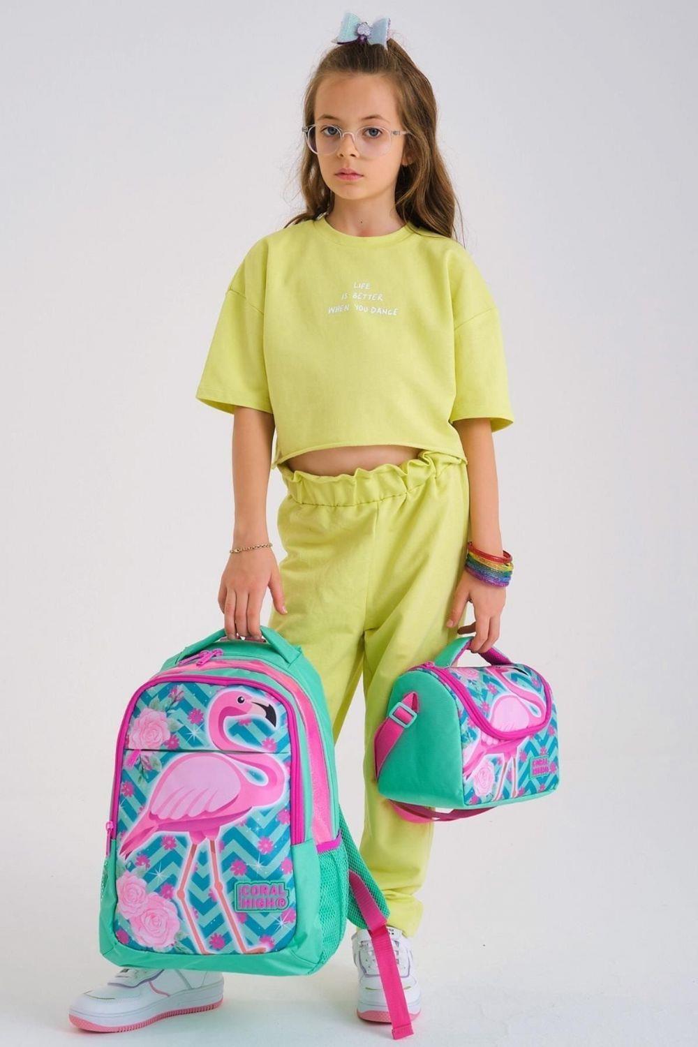 Coral High Kids Su Yeşili Pembe Simli Flamingo Desenli 3lü Okul Çanta Seti - Kız Çocuk