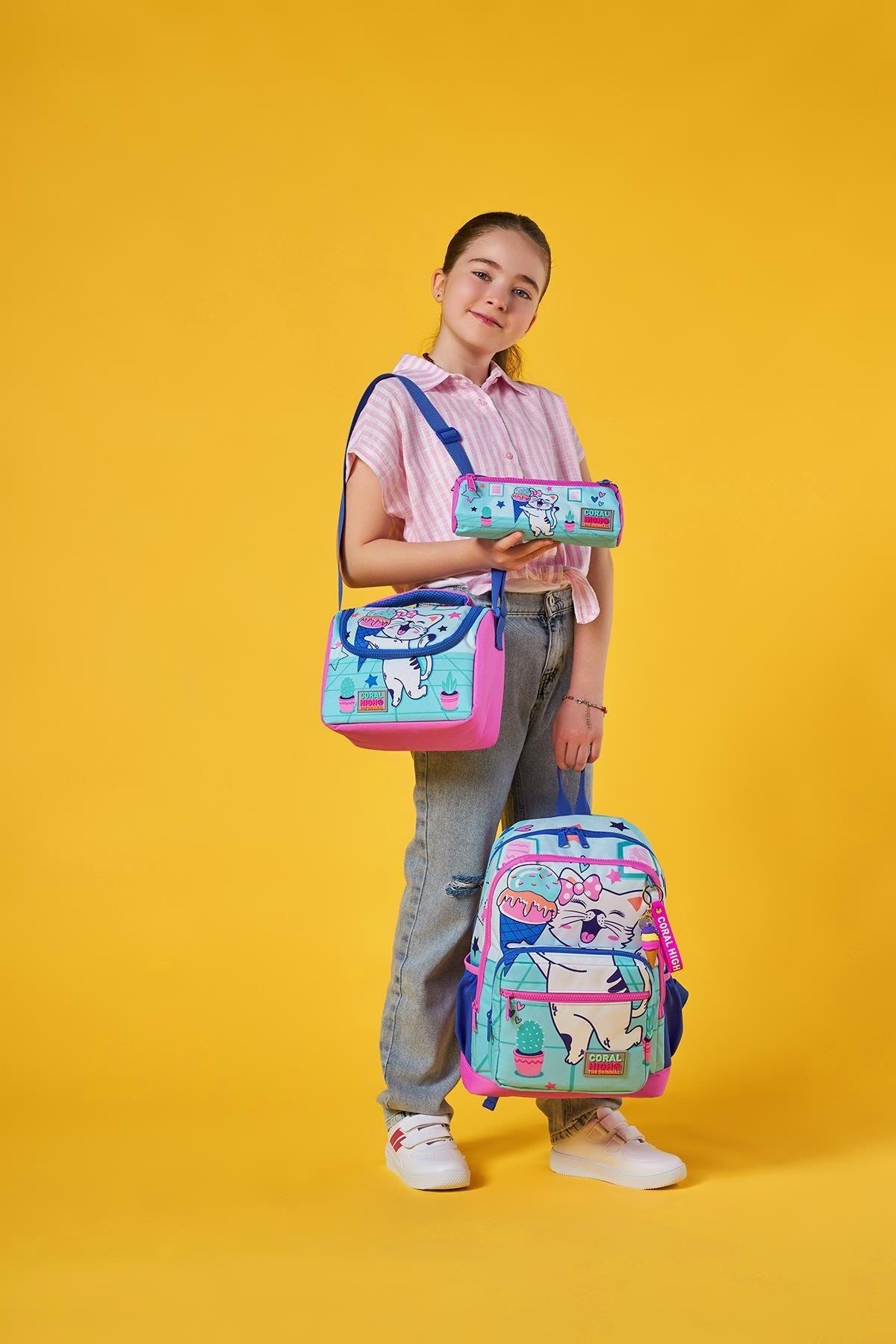 Coral High Kids Turkuaz Pembe Dondurmalı Kedi Desenli 3lü Okul Çanta Seti SET0123751