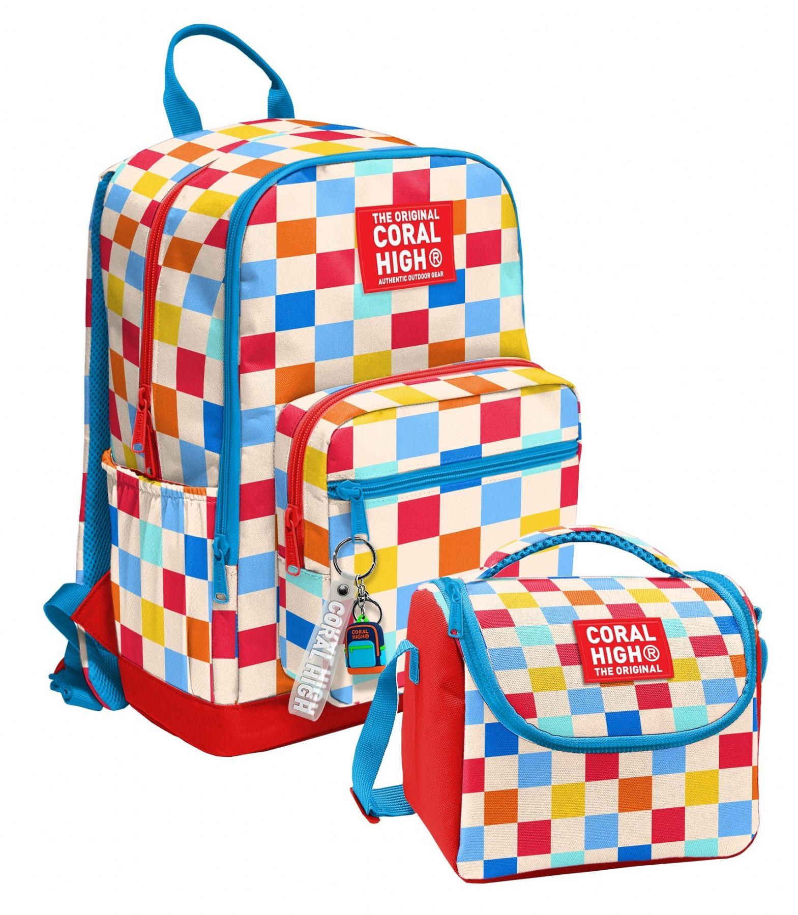 Coral High Kırmızı Çok Renkli Dama Desenli (Kız Çocuk) Okul Sırt ve Beslenme Çantası Seti - SETYGN33225B
