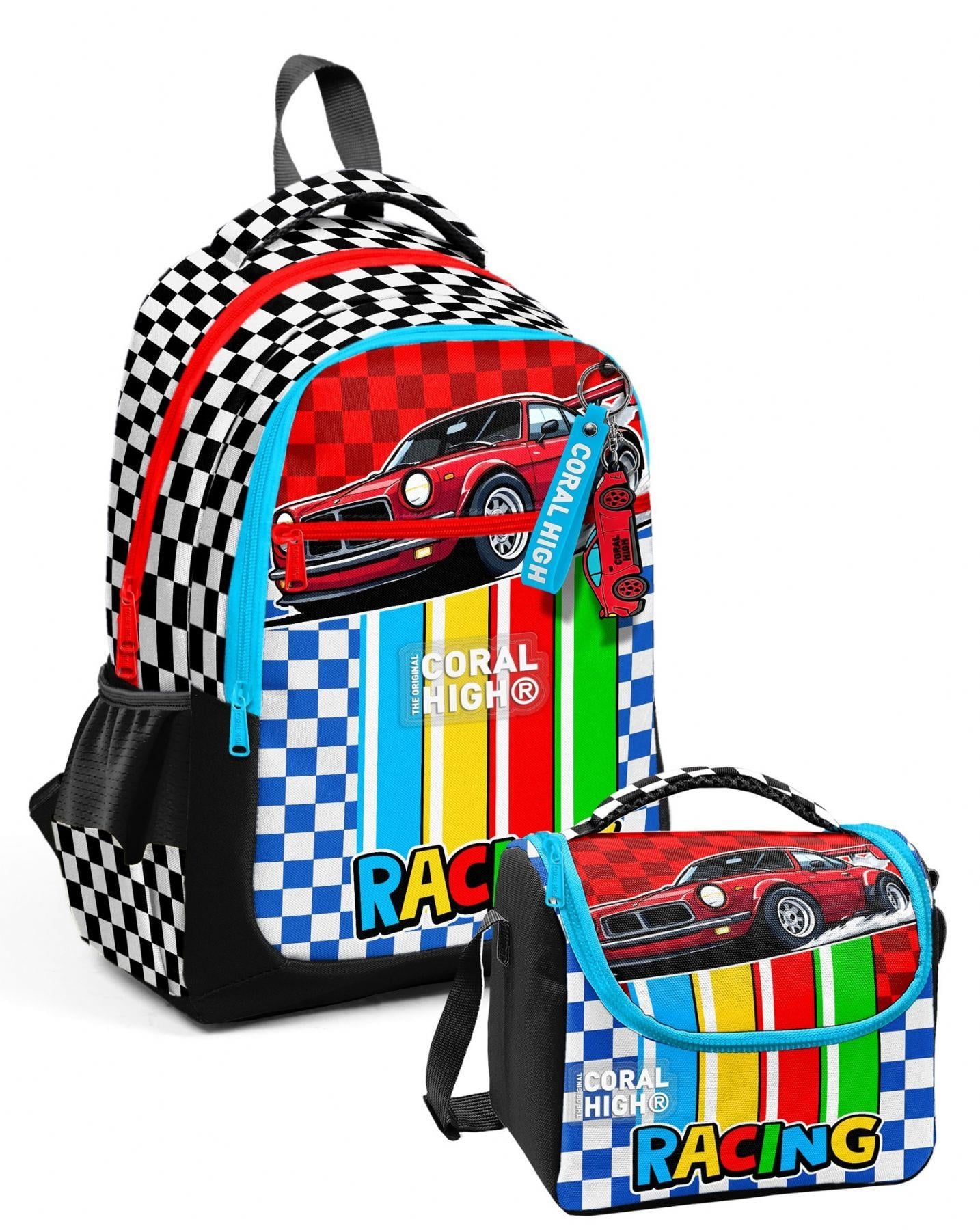 Coral High Kırmızı Racing Araba Baskılı Erkek Çocuk Okul Çantası ve Thermo Beslenme Çantası Seti