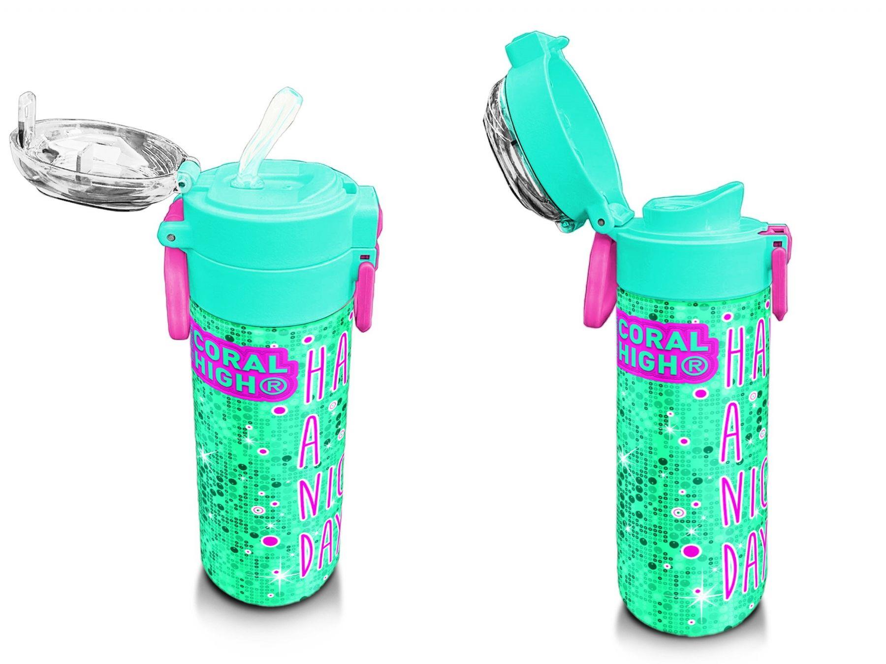 Coral High Kız Çocuk 500 ml Okul ve Günlük Paslanmaz Çelik Termos - Pembe Su Yeşili Kedi Desenli  - Sızdırmaz 31806