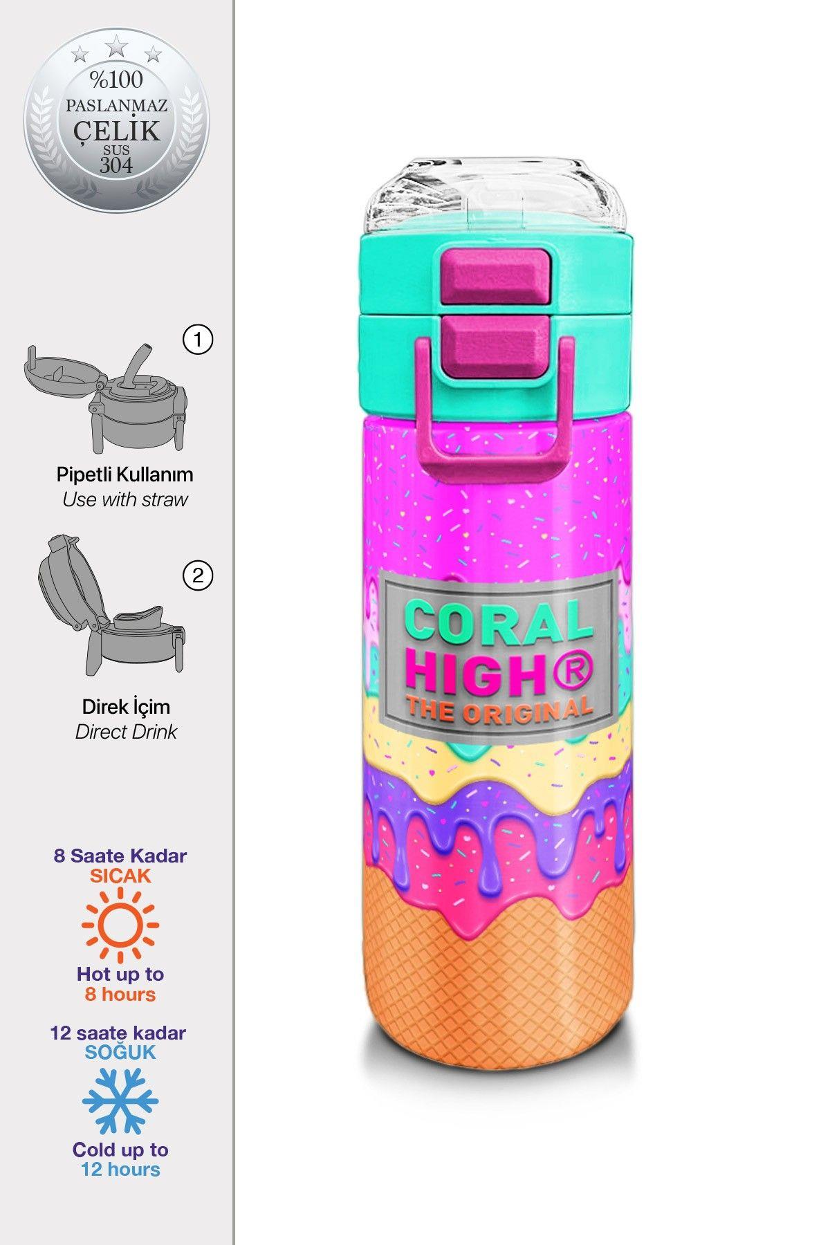 Coral High Kız Çocuk 500 ml Okul ve Günlük Paslanmaz Çelik Termos - Pembe Rengarenk Dondurma Desenli - Sızdırmaz 31938