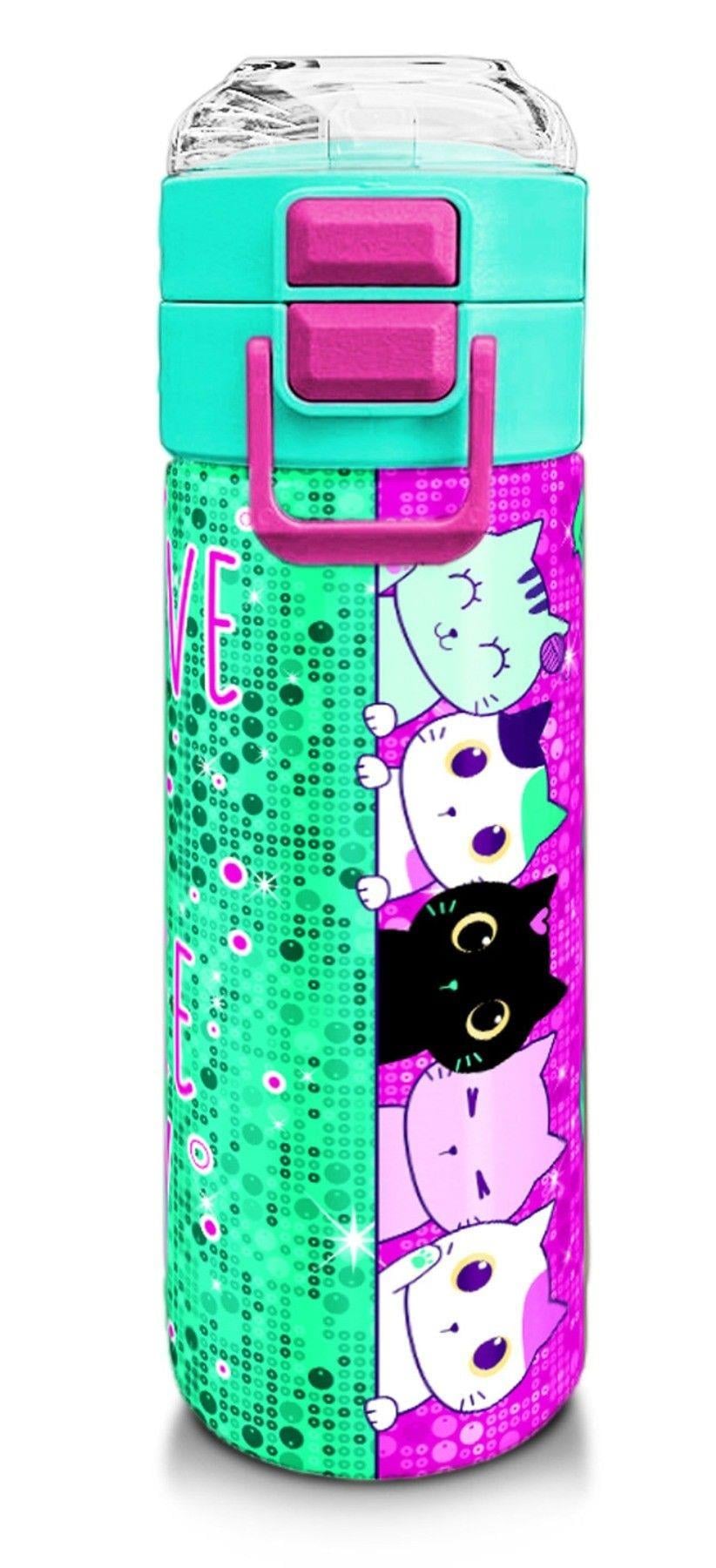 Coral High Kız Çocuk 500 ml Okul ve Günlük Paslanmaz Çelik Termos - Pembe Su Yeşili Kedi Desenli  - Sızdırmaz 31806