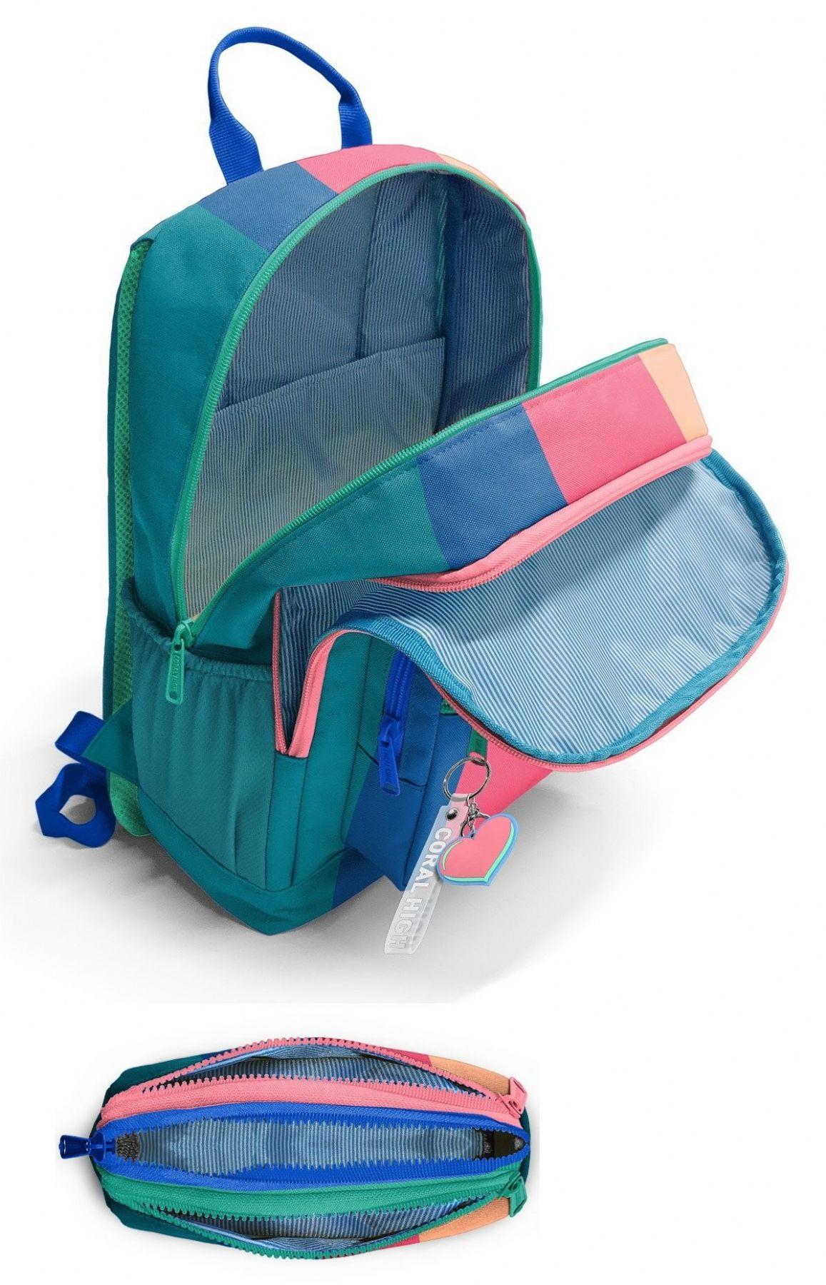 Coral High Kız Çocuk Dört Gözlü Okul Sırt Çantası ve  Kalemlik Seti - Yeşil Mavi Pembe Renkli Çizgili - İlkokul ve Ortaokul İçin Uygun