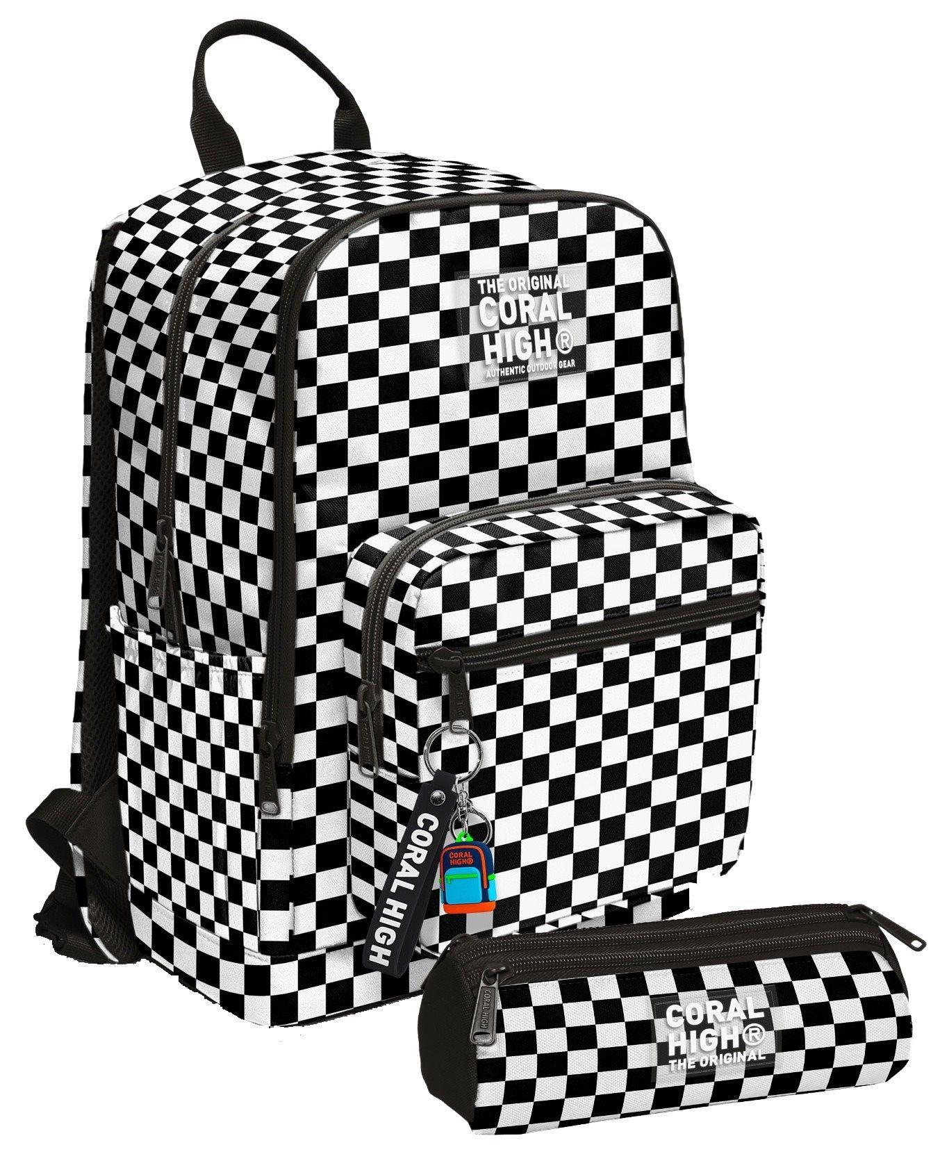 Coral High Kız Çocuk Dört Gözlü Okul Sırt Çantası ve  Kalemlik Seti - Siyah Beyaz Damalı - İlkokul ve Ortaokul İçin Uygun