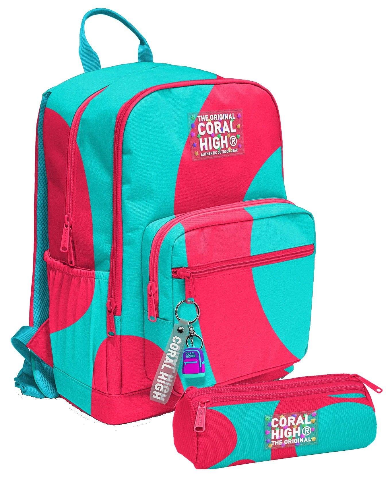 Coral High Kız Çocuk Dört Gözlü Okul Sırt Çantası ve  Kalemlik Seti - Kırmızı Turkuaz Renkli Çizgili - İlkokul ve Ortaokul İçin Uygun