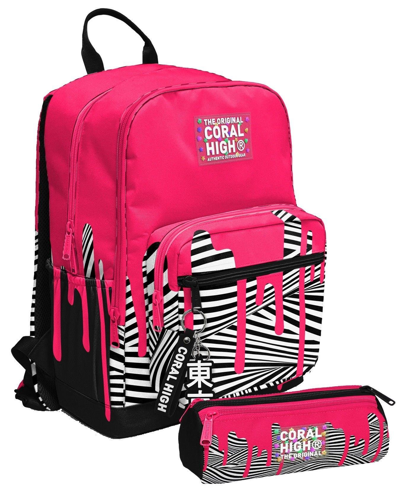 Coral High Kız Çocuk Dört Gözlü Okul Sırt Çantası ve  Kalemlik Seti - Pembe Siyah Beyaz Boya Desenli - İlkokul ve Ortaokul İçin Uygun