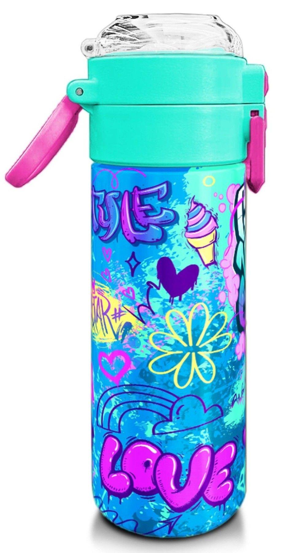 Coral High Kız Çocuk İçin 500 ml'lik Paslanmaz Çelik Termos/Suluk - Lavanta Su Yeşili Grafiti Desenli 31971