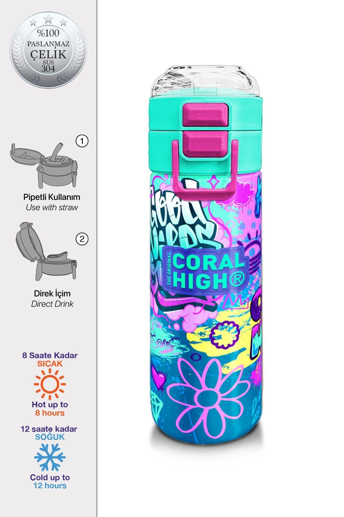 Coral High Kız Çocuk İçin 500 ml'lik Paslanmaz Çelik Termos/Suluk - Lavanta Su Yeşili Grafiti Desenli 31971